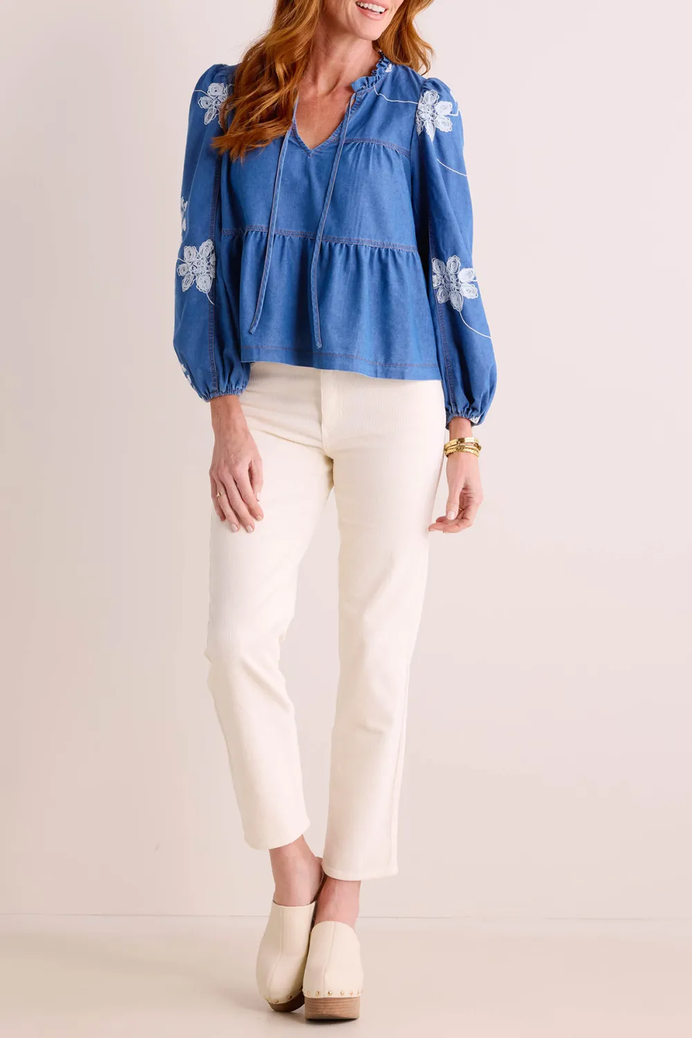 Blue Denim Ruffled Detail V-Neck Peplum Blouse