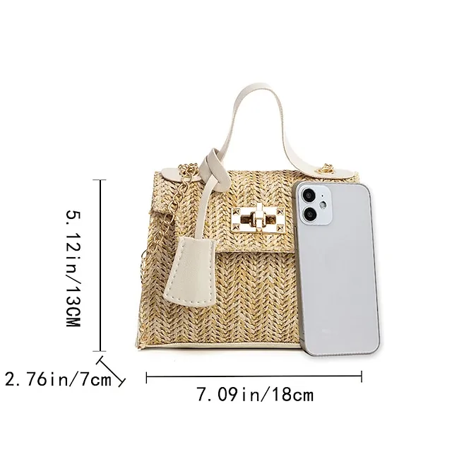 Fashion Women Straw Woven Shoulder Crossbody Messenger Bag Casual Ladies Summer Beach Vacation Chain Small Handbags Flap Purse