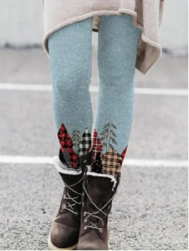 Women‘s Fleece-lined Leggings Fuchsia Rainbow Light Blue Mid Waist Casual Weekend Print Stretchy Full Length Winter Leggings Tummy Control Flower / Floral S M L XL 2XL / Skinny Winter