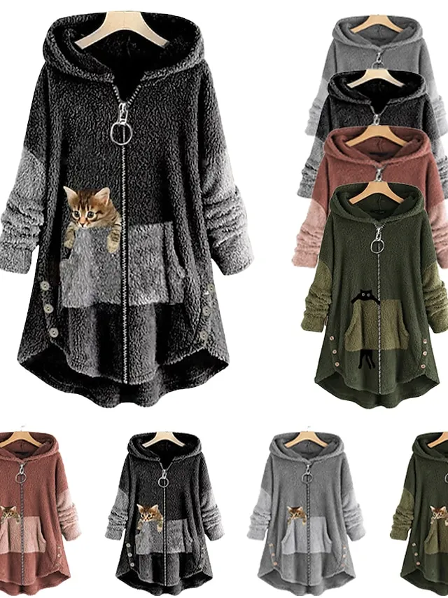 Women's Plus Size Fleece Jacket Teddy Coat Button Pocket Animal Color Block Cat Causal Vacation Long Sleeve Hooded Regular Winter Fall Black Grey Green Black L XL XXL 3XL 4XL
