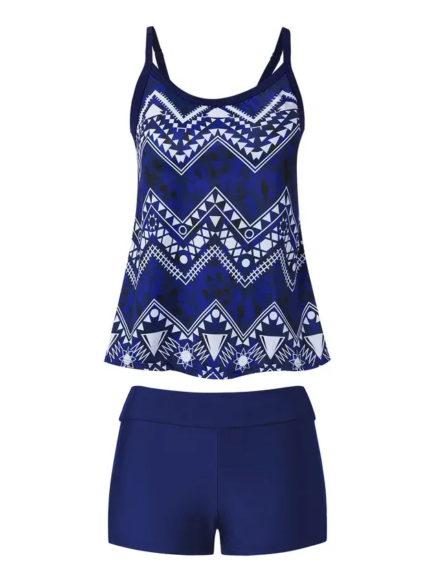 Vacation Ethnic Printing Scoop Neck Tankinis Two-Piece Set
