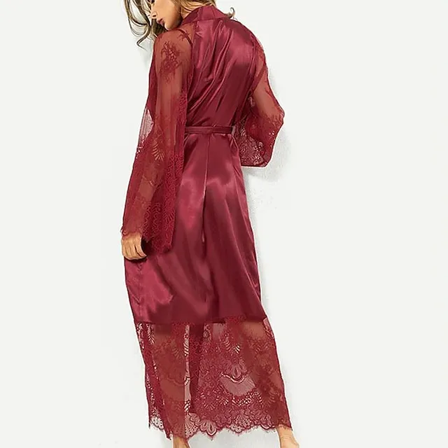 Women's Bathrobe Robes Gown Nighty Silk Kimono 1 PCS Pure Color Simple Casual Comfort Party Home Wedding Party Satin Gift V Neck Long Sleeve Lace Belt Included Summer Spring Black White