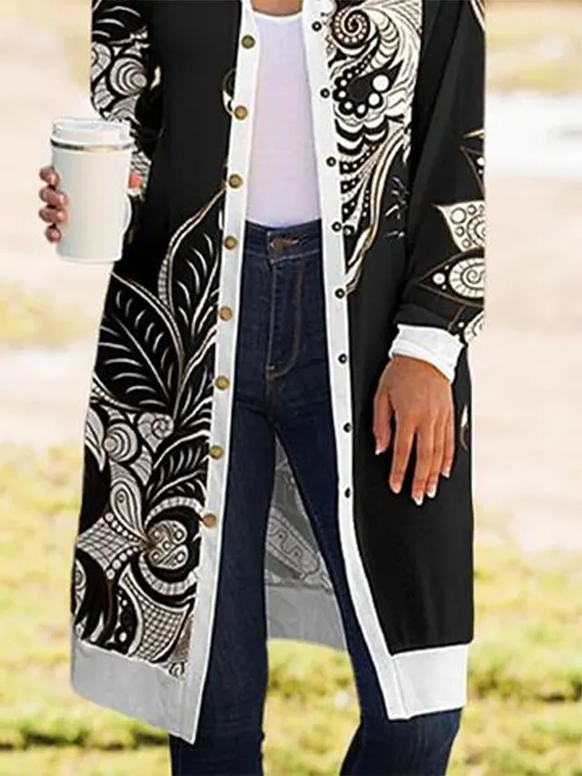 Women's Casual Jacket Hoodie Jacket Floral Print Wear Fall Winter Long Coat Regular Fit Windproof Breathable Casual Daily Street Style Jacket Long Sleeve with Pockets Party Street Daily Print Black