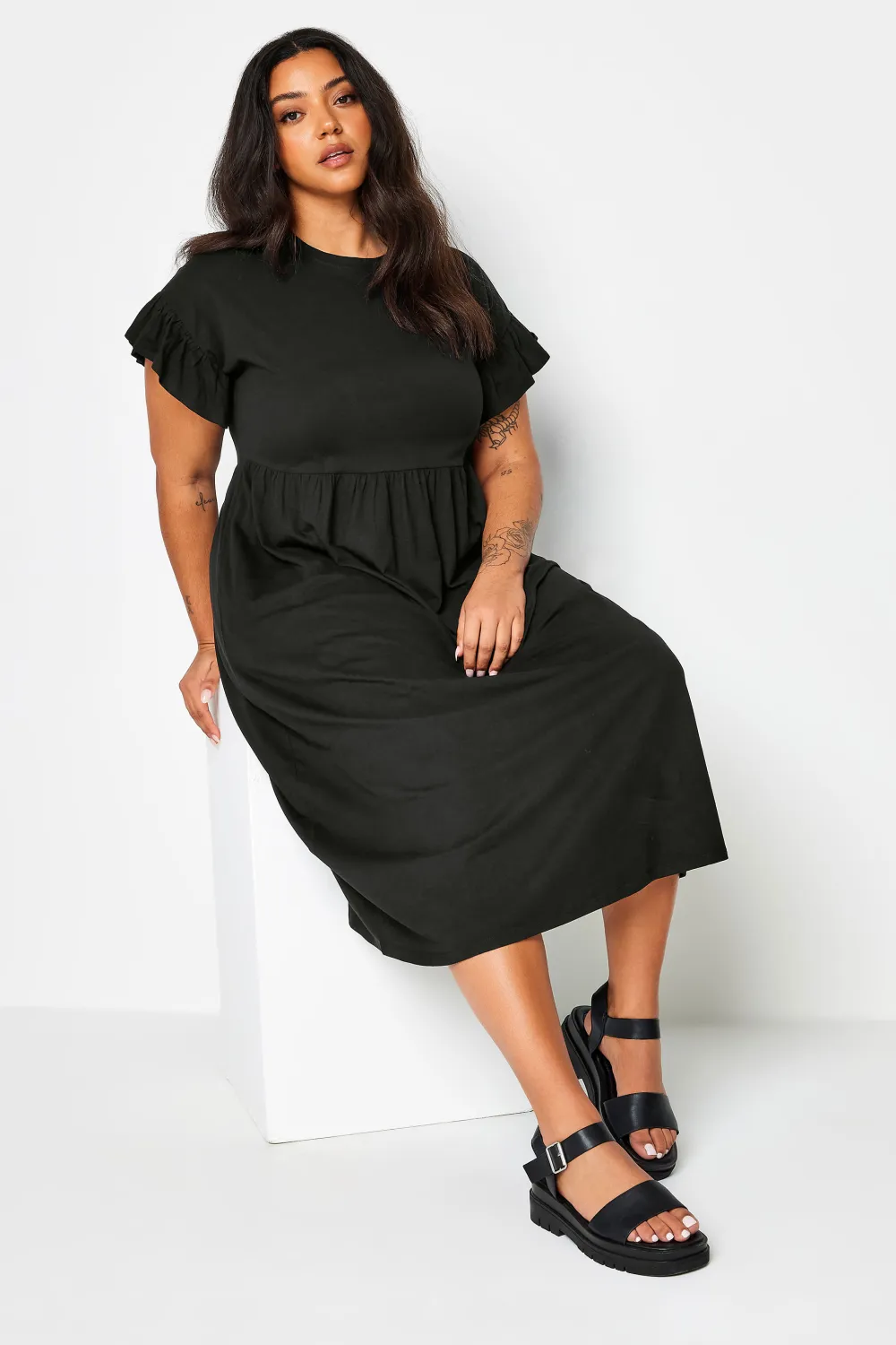YOURS Curve Black Pure Cotton Frill Sleeve Midaxi Dress