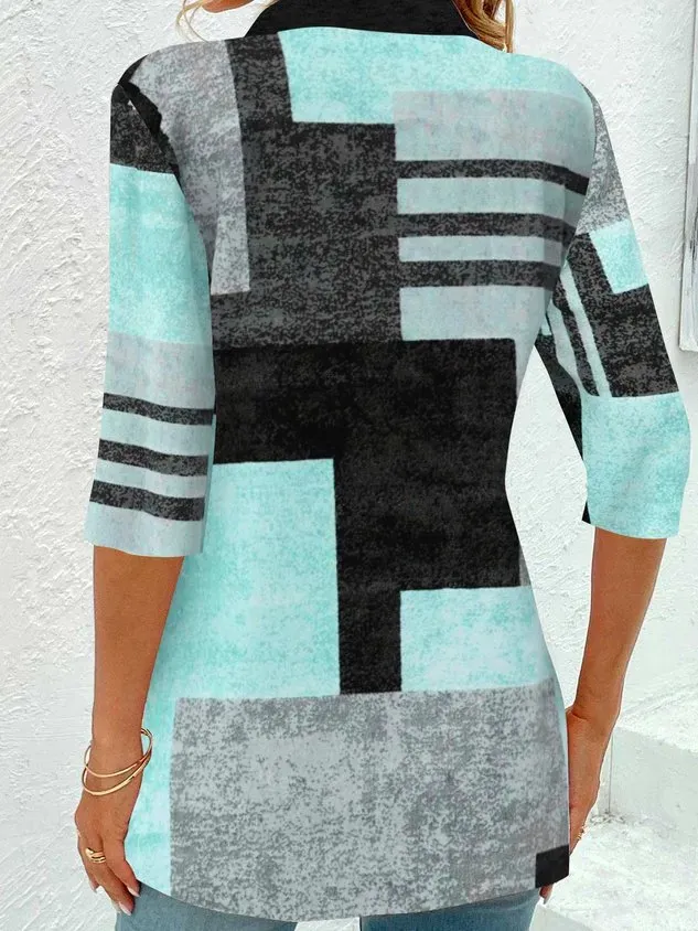 Shawl Collar Three Quarter Sleeve Abstract Graphic Regular Medium Elasticity Loose Shirt For Women