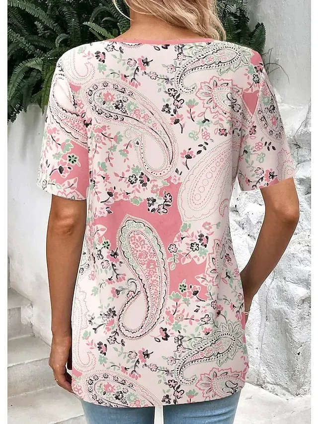 Women's Shirt Blouse Pink Floral Button Print Short Sleeve Casual Holiday Streetwear Round Neck Regular Floral S