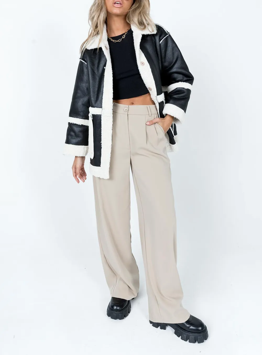 Contrast Panel Faux Leather Shearling Jacket