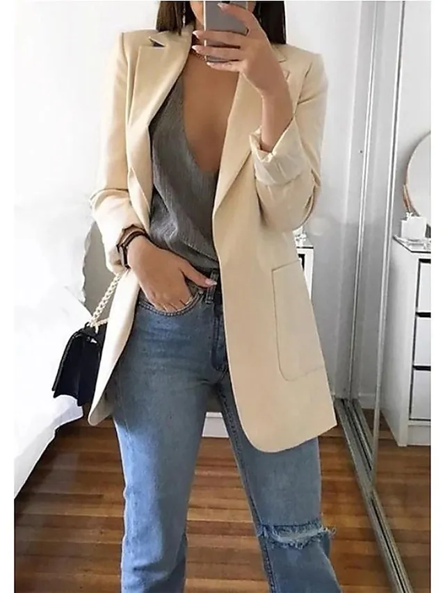 Women's Plus Size Curve Blazer Spring Work to Wear Office Jacket with Pocket Long Sleeve Peaked Lapel Fall Winter