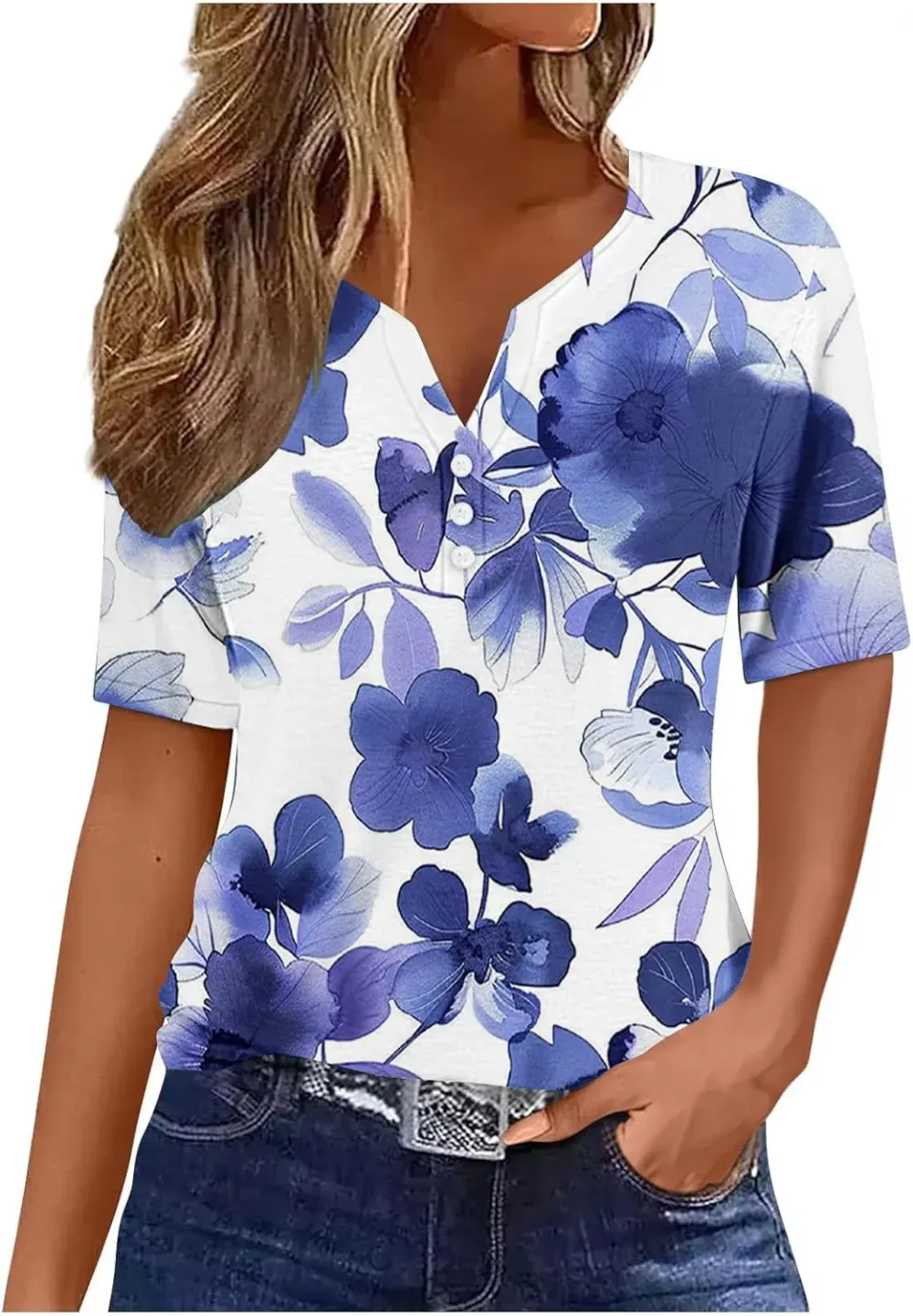 Shirts for Women Casual Printed Summer Tops Short-Sleeved Button V-Neck Tops Blouse Fashion Boho T-Shirts