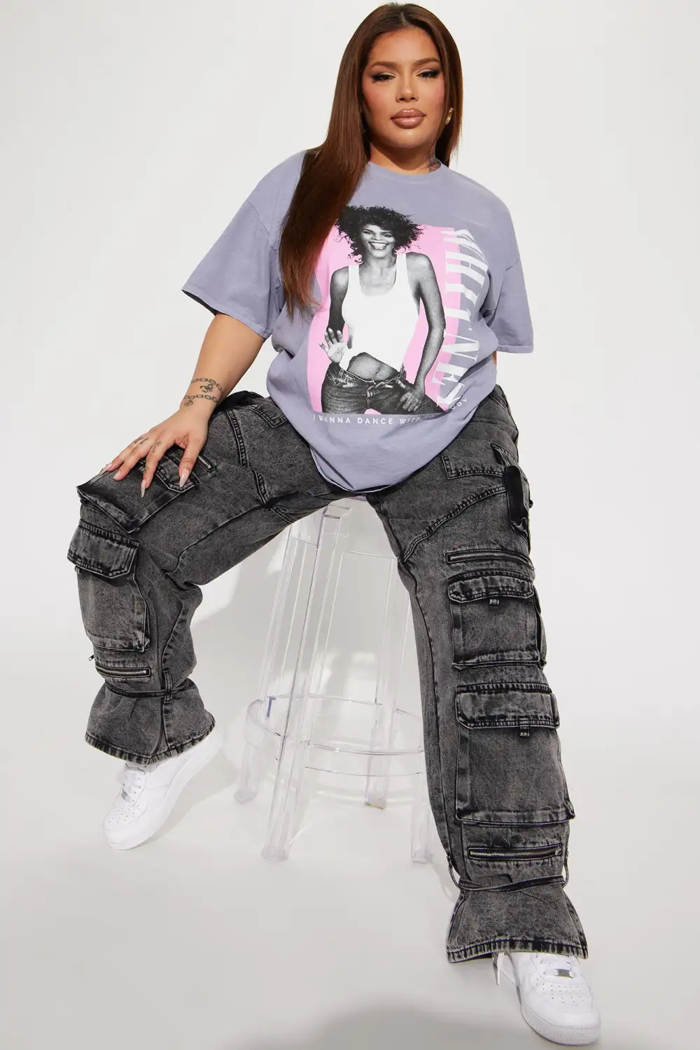 Whitney Houston Washed Short Sleeve Tee - Grey