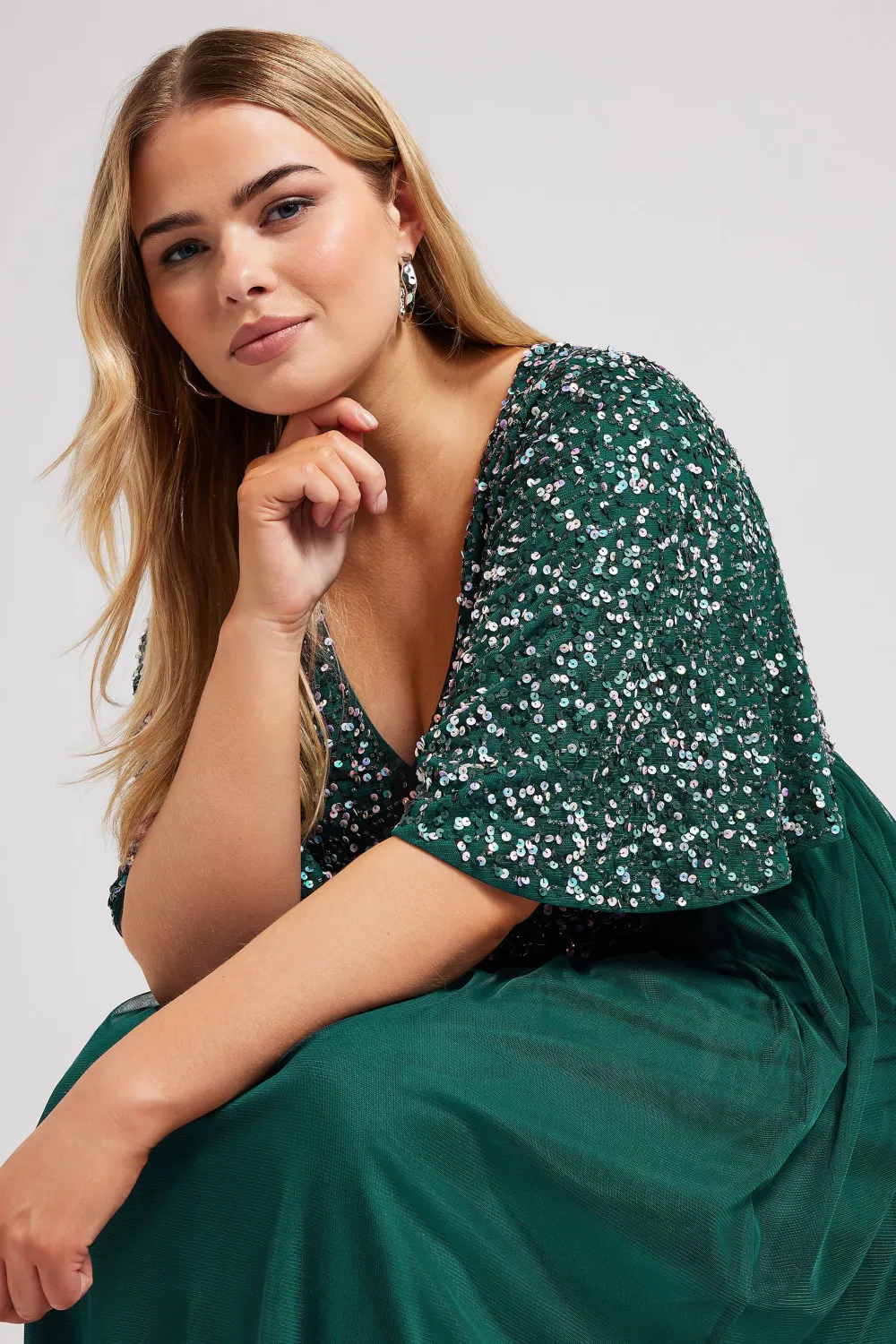 LUXE Curve Forest Green Sequin Hand Embellished Maxi Dress