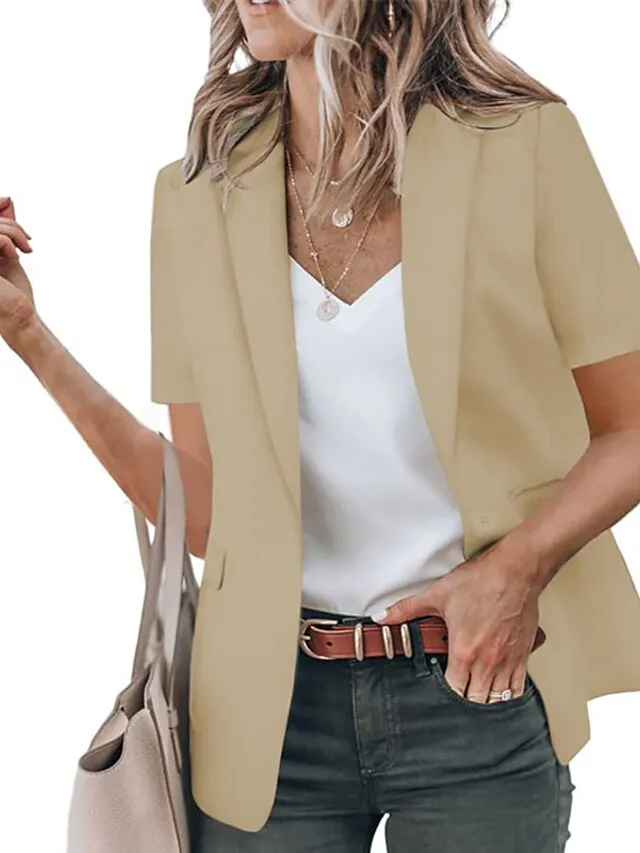 Women's Blazer Clean Fit Formal Office Work Summer Spring Regular Coat Regular Fit Breathable Simple Classic Style Modern Style Jacket Short Sleeves Solid Color Pure Color Slim Fit Black White Red
