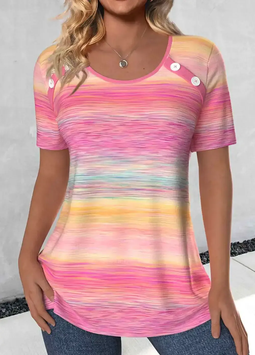 Pink Button Ombre Short Sleeve Round Neck T Shirt
