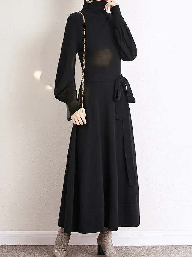 Women's Red Christmas Dress Sweater Dress Jumper Dress Midi Dress Warm Fashion Casual Plain Outdoor Christmas Daily Vacation Turtleneck Long Sleeve Lace up 2023 Regular Fit Black Wine Blue One Size