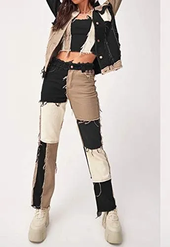 Women Patchwork Jeans High Waist