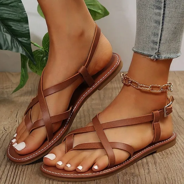 Women's Sandals Boho Bohemia Beach Flat Sandals Plus Size Daily Beach Summer Flat Heel Open Toe Casual Minimalism Faux Leather Solid Color Dark Brown Black Beige
