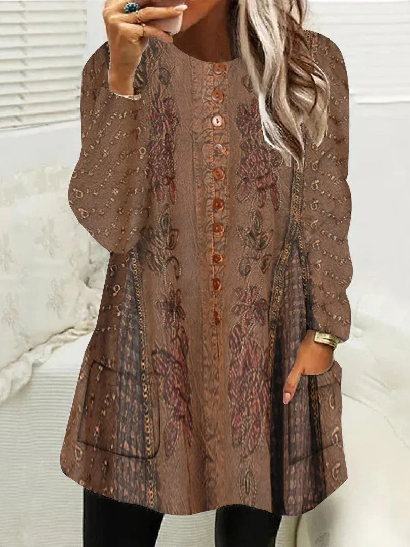 Women Long Sleeve Scoop Neck Printed Button Pockets Fleece Lined Tops