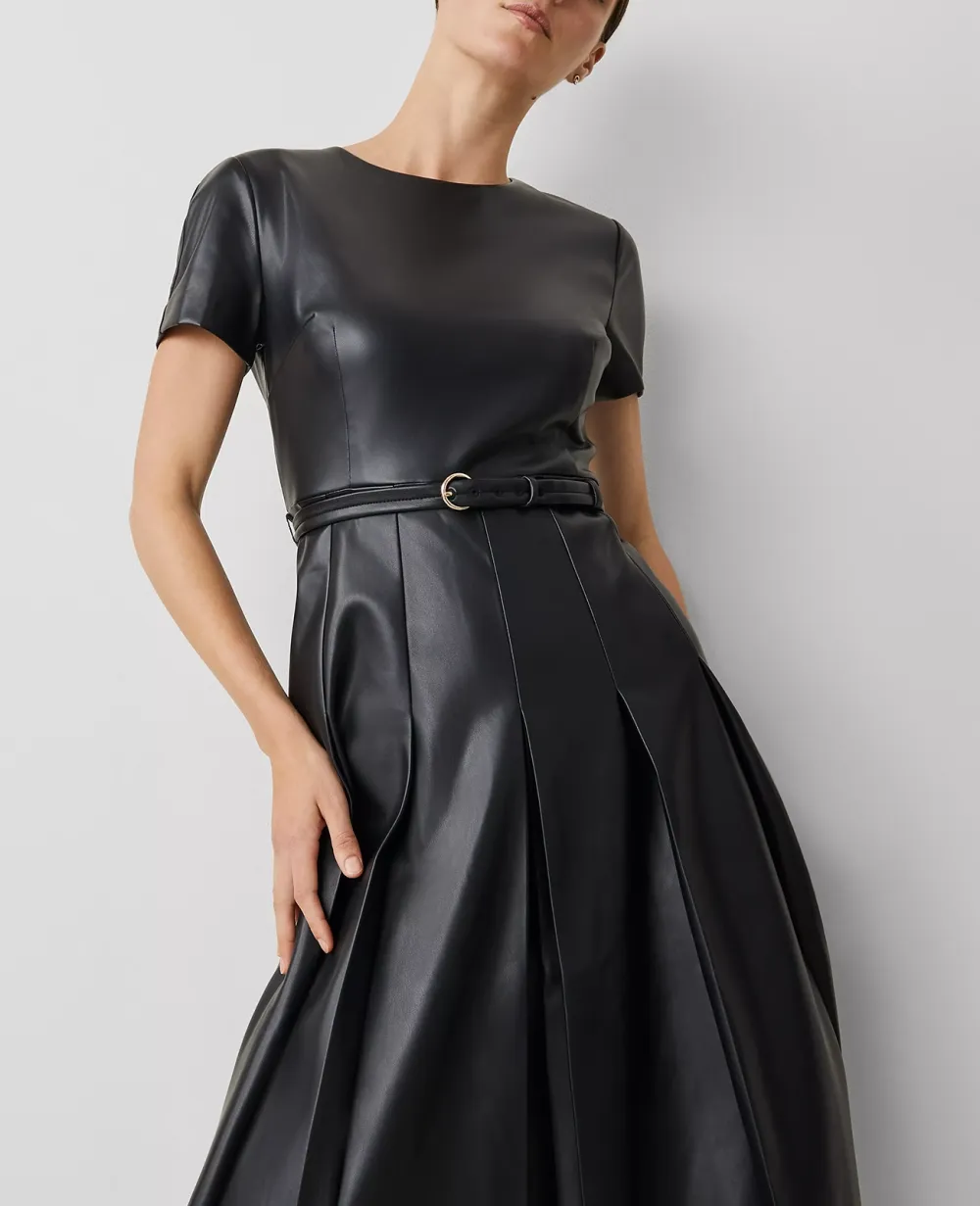 Faux Leather Pleated Midi Dress