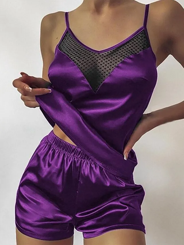 Women's Pajamas Sets Nighty Pjs 2 Pieces Pure Color Fashion Simple Comfort Home Daily Bed Satin Breathable Gift V Wire Sleeveless Shorts Backless Spring Summer Green Purple / Silk
