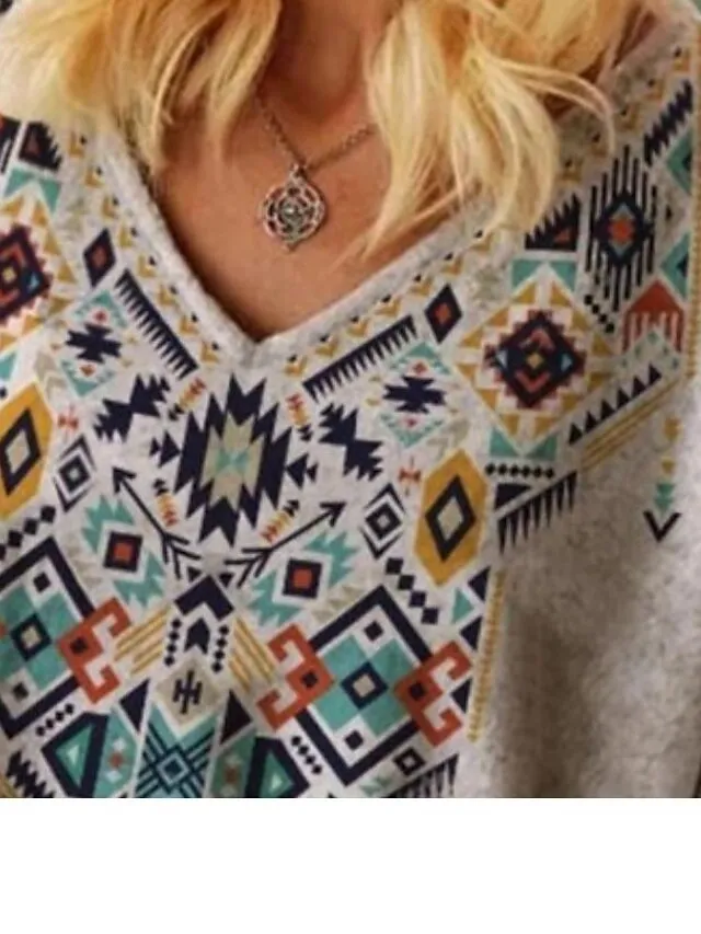 Women's T shirt Tee Tribal Print Long Sleeve Daily Vacation Streetwear Holiday Casual V Neck Regular Fit Fall Winter Fall & Winter