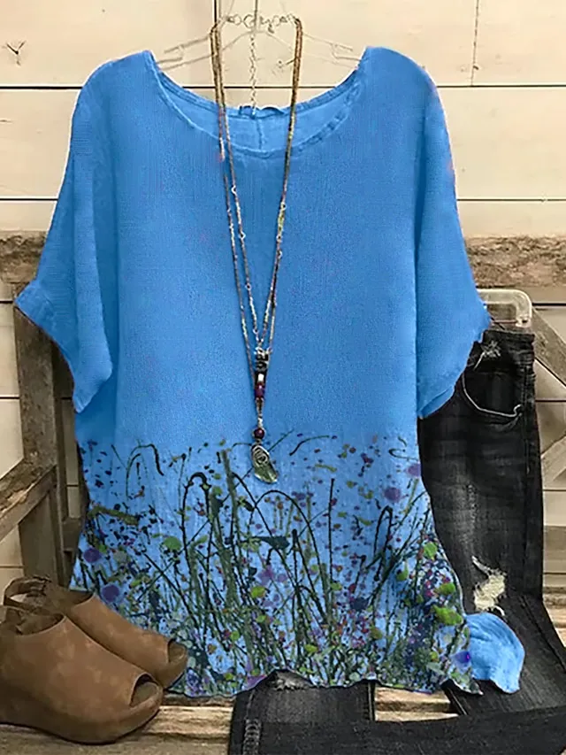 Women's Shirt Blouse Floral Scenery Abstract White Pink Blue Print Short Sleeve Daily Basic Casual Crew Neck Regular Fit Dolman Sleeve Summer Spring