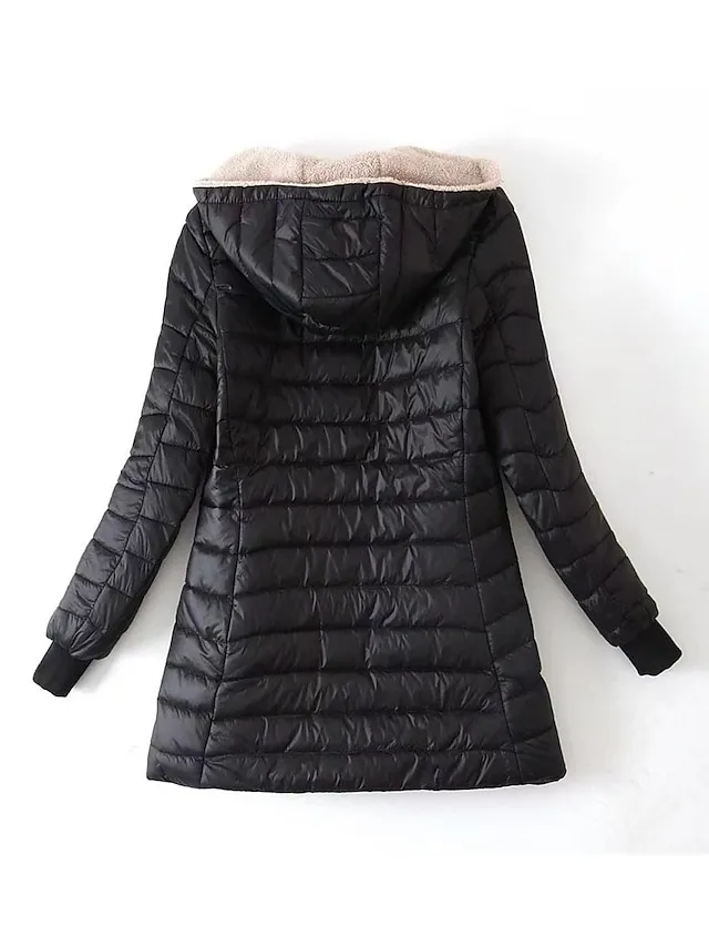 Women's Parka Quilted Coat Fleece Lined Sherpa Jacket Fall Long Coat Winter Puffer Jacket Windproof Warm Heated Coat Stylish Casual Jacket Long Sleeve Plain Full Zip Black