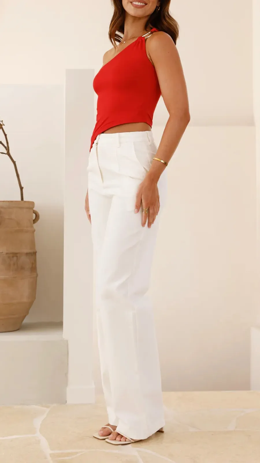 Red Slanted Neckline Top