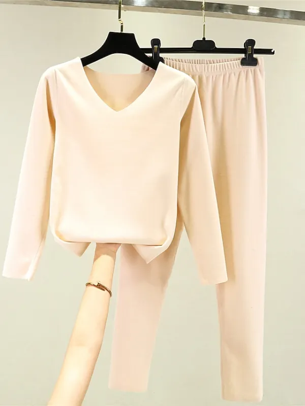 Women's Thermal Underwear Suit Pajama SetsThermal Set Pure Color Fashion Casual Soft Home Daily Bed Polyester Breathable V Wire Long Sleeve T shirt Tee Pant Fall Winter Light Pink Black