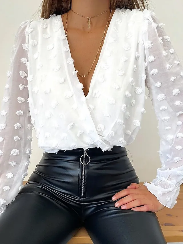 Women's Shirt Blouse Eyelet top Peasant Blouse Black White Khaki Graphic Floral Lace Long Sleeve Casual Daily Basic Elegant Casual V Neck Regular Floral Puff Sleeve S