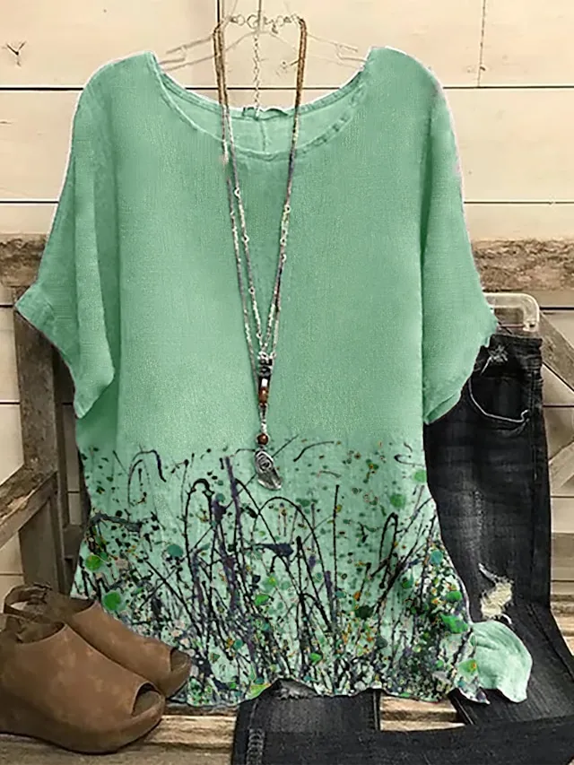 Women's Shirt Blouse Floral Scenery Abstract White Pink Blue Print Short Sleeve Daily Basic Casual Crew Neck Regular Fit Dolman Sleeve Summer Spring
