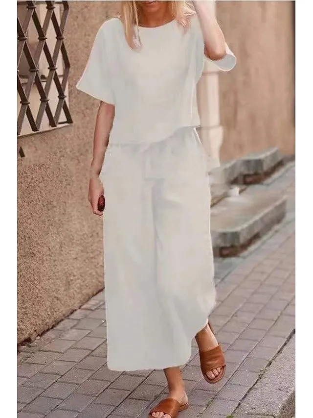 Women's Loungewear Sets 2Pcs Pure Color Short Sleeve Shirts and Wide Leg Pants Casual Comfort Home Daily Polyester Spring Summer Orange Red Navy