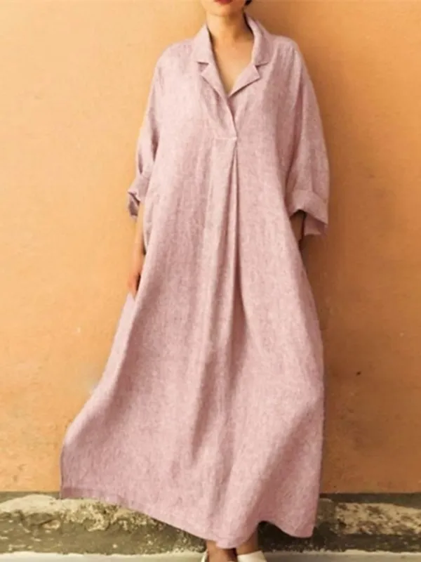 Women's Cotton Linen Dress Swing Dress Black Dress Maxi long Dress Cotton Blend Casual Comfort Home Daily Vacation Shirt Collar Pocket Long Sleeve Summer Spring Fall Loose Fit Black Pink Green Pure
