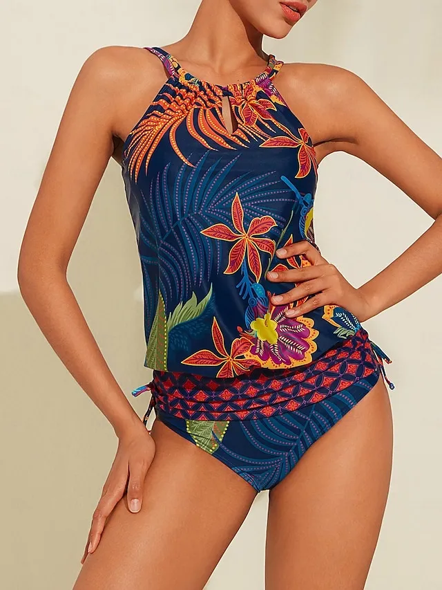 Printed Drawstring Tankini Swimsuit