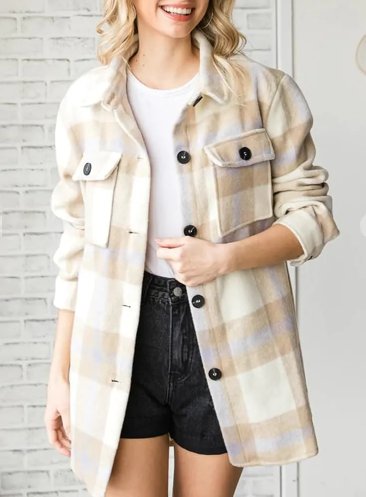 Women's Flannel Plaid Shacket Long Sleeve Button Down Chest Pocketed Shirts Jacket Coats