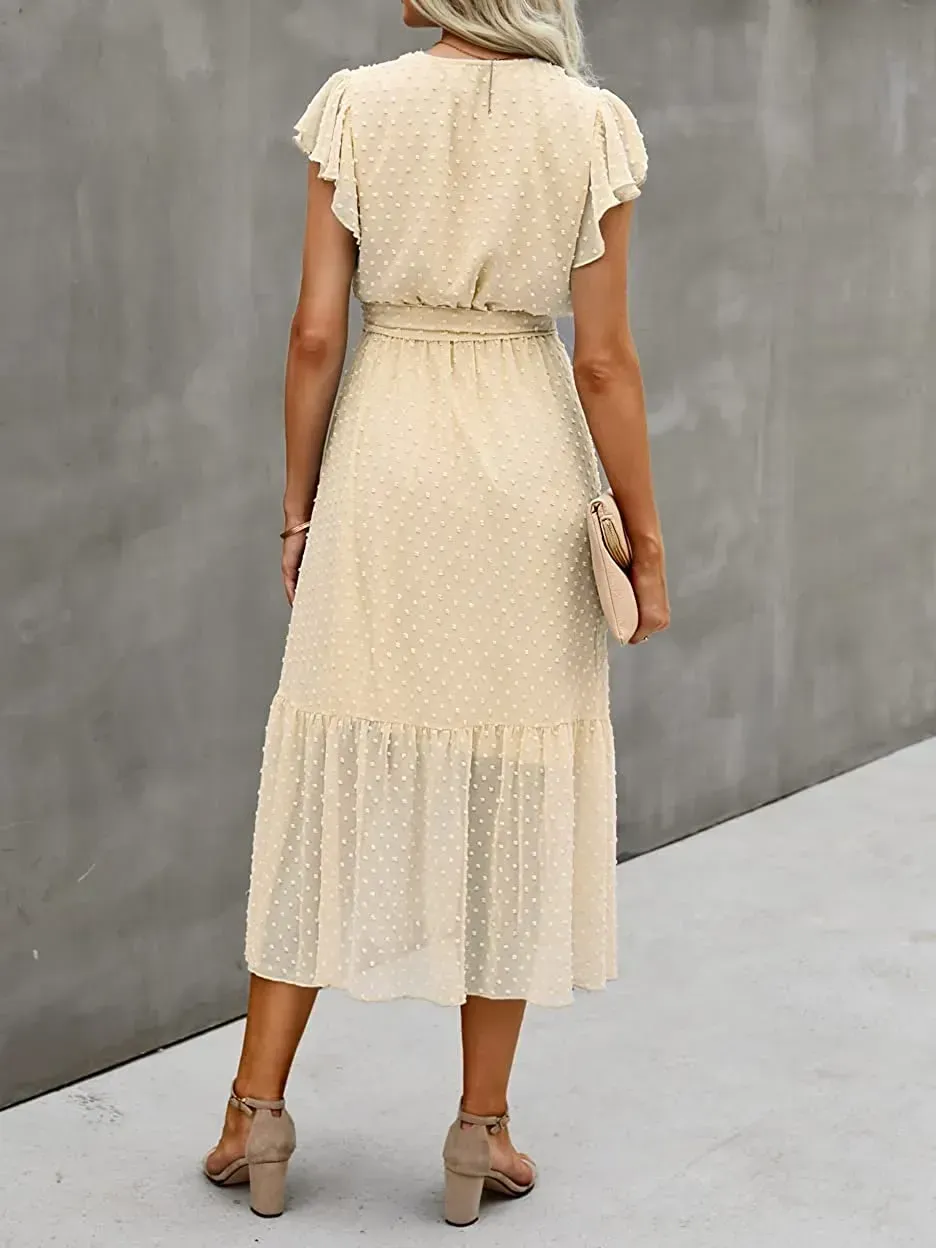 Women Summer Bohemian Floral Casual Wrap V Neck Ruffle Cap Sleeveless Belt A-Line Pleated Hem Swing Midi Sun Dress