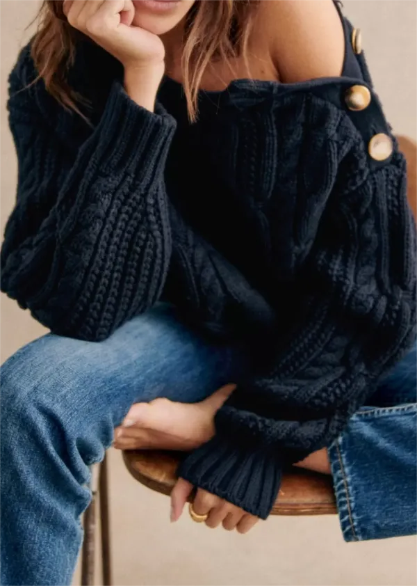 Button Detail Navy Chunky Sweater