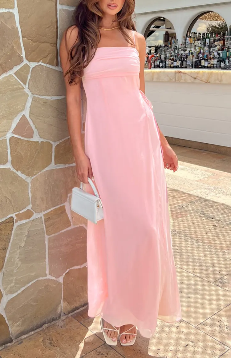 Pink Long Sleeve Sheer Maxi Dress