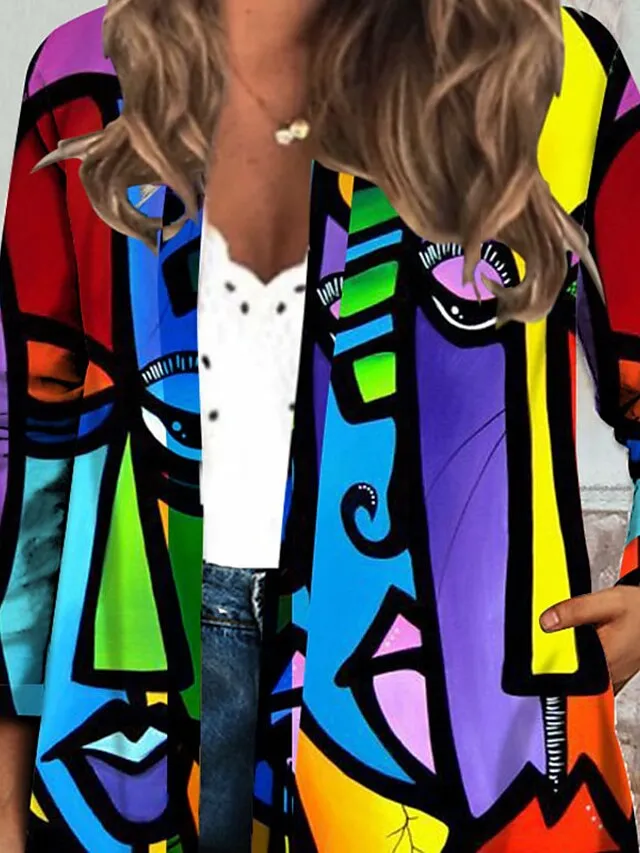 Women's Jacket Casual Jacket Regular Lips Print Coat Blue Purple Casual Daily Autumn / Fall Open Front Round Neck Regular Fit S M L XL XXL 3XL / Windproof / Color Block / Portrait