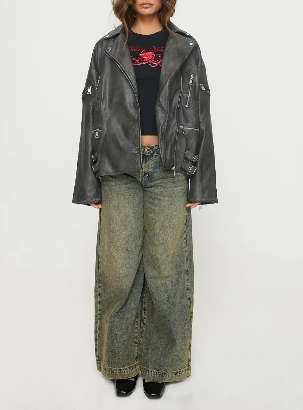 Washed Look Oversized Faux Leather Jacket