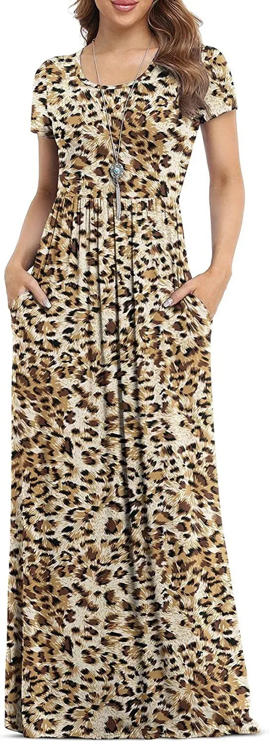 Women's Short Sleeve Loose Plain Maxi Dresses Casual Long Dresses with Pockets
