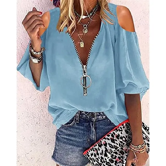 Blouse Women's Solid / Plain Color Hollow Out Zipper Off Shoulder Daily Going out Modern S