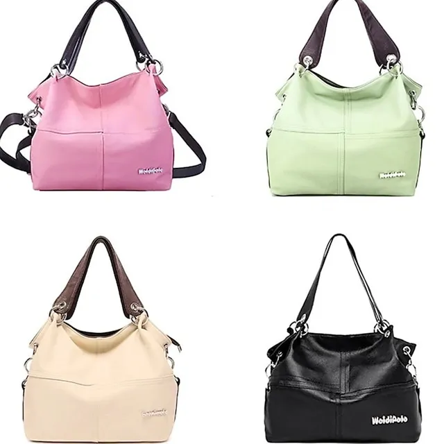 Women's Handbag Tote PU Leather Daily Zipper Solid Color Black Pink Green