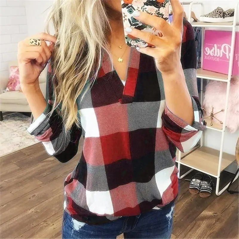 V Neck Lattice Color-blocked Long Sleeve Casual T-Shirt