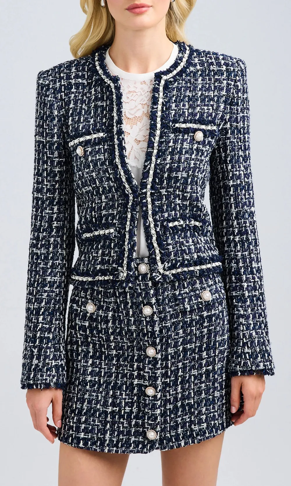 Plaid Decorative Button Tweed Skirt