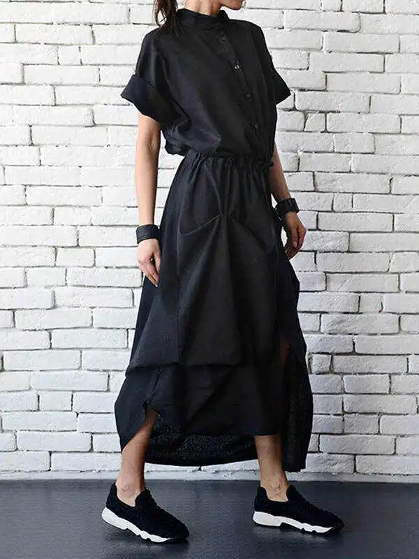 Casual Drawstring Asymmetric Stand Collar Maxi Dresses