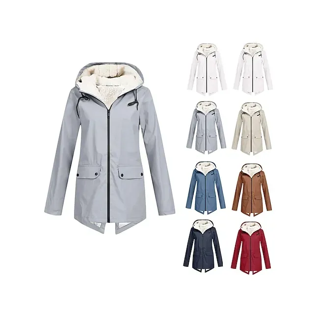 Women's Raincoat Waterproof Rain Jacket Fleece Winter Coat Windproof Trench Coat Fall Sport Outdoor Hiking Jacket Lihghtweight Zip up Hooded Jacket with Pocket Warm Long Sleeve Fall Winter Navy