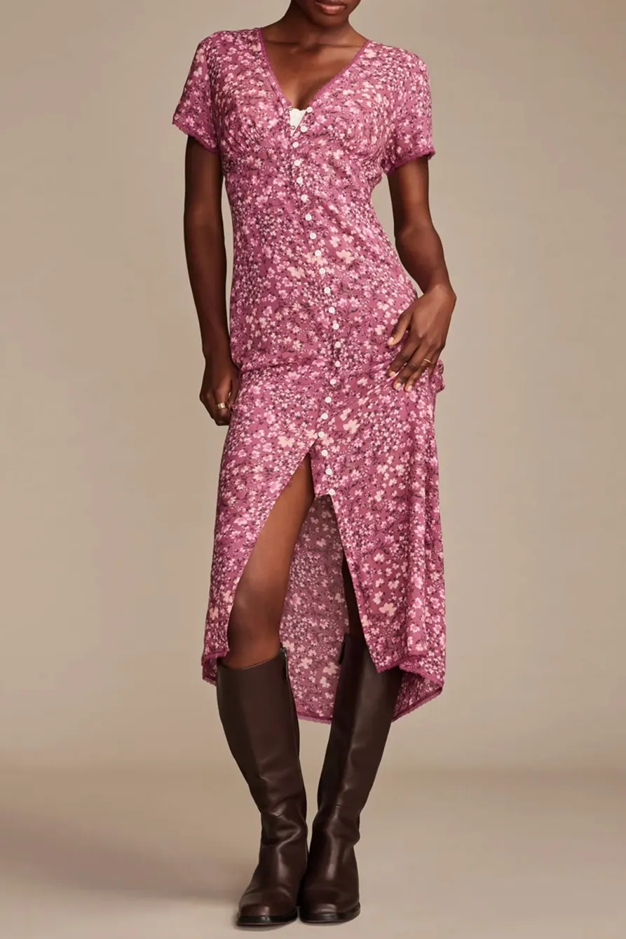 Lace Trimmed Button Front Midi Dress