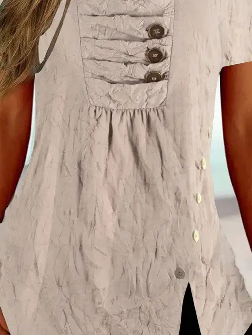 Women Short Sleeve U-neck Solid Color Button Tops