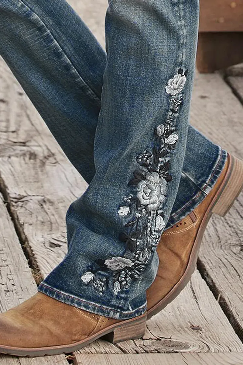 Floral Embroidery Mid Waist Bootcut Jeans