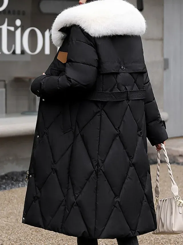 Women's Parka Warm Long Puffer Jacket Zipper with Fur Collar Hood Winter Outdoor Street Daily Wear with Pocket Vacation Modern Casual Plain Regular Fit Outerwear Long Sleeve Fall Black White Khaki